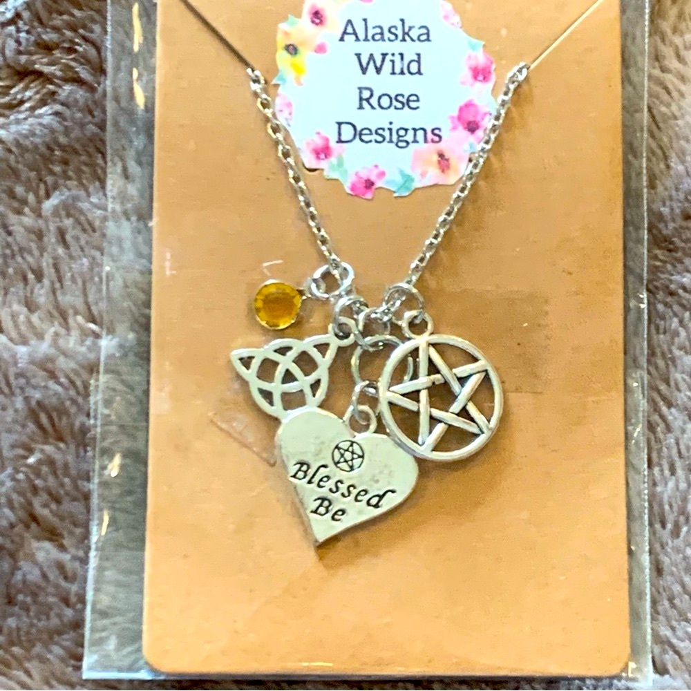 Pentacle, Silver Charm Necklace with Heart ‘Blessed Be’ charm Wiccan Valentine